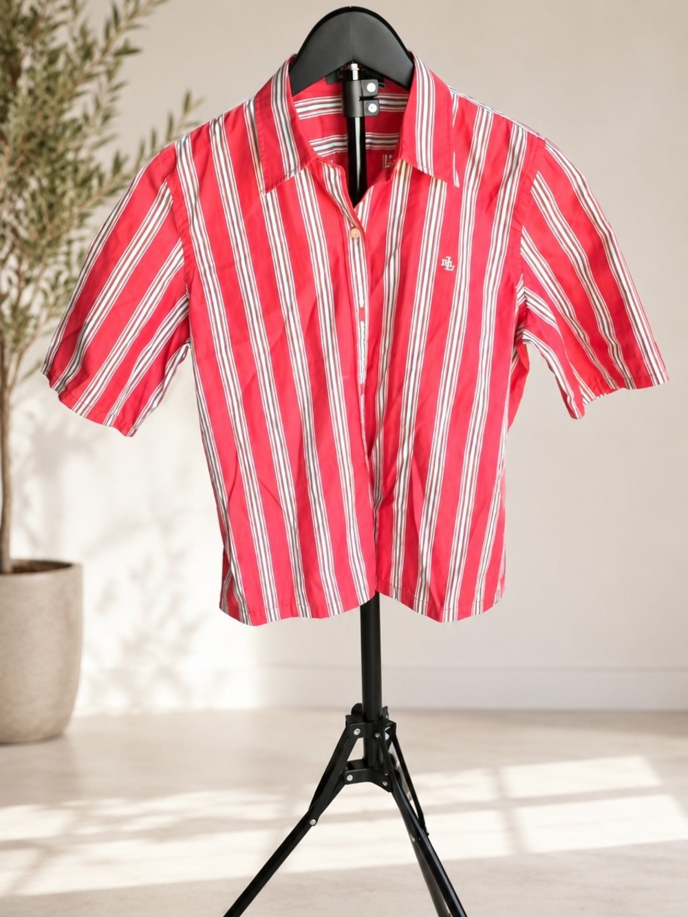 Vintage Lauren Ralph Lauren Striped Button Up Shirt Red Blue White Y2K Size M